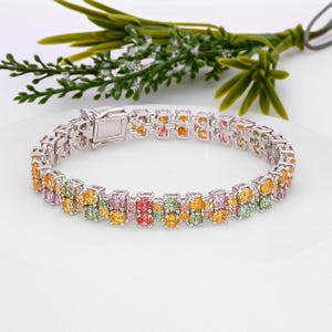 Regenbogen Saphir Armband | 925er Sterling Silber Multi Edelstein Cluster | September Geburtsstein Schmuck | Luxusgeschenk für Frauen