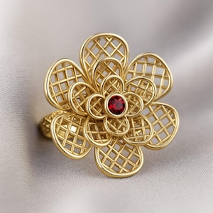 Garnet Ring: Handmade Floral 14k Gold / Sterling Silver
