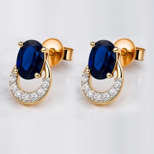 Natural Blue Sapphire Stud Earrings in 14k Yellow Gold | Diamond Halo Gemstone Jewelry | September Birthstone Gift for Her