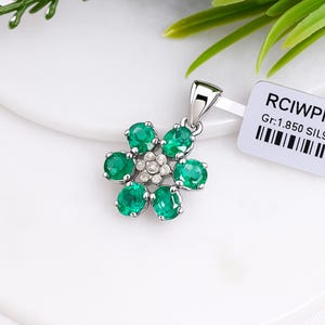 Emerald & Diamond Flower Pendant: Handmade Sterling Silver May Birthstone