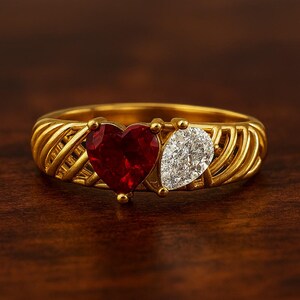 Heart Shape Ruby and Lab Grown Diamond 925 Sterling Silver Gold Plated Ring Designer and Unique Jewelry Best For July Birthstone