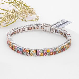 Multi-Color Sapphire Armband in Sterling Silber | Handgemachtes Edelstein-Tennis-Armband | Regenbogen Schmuck | Perfektes Geschenk für Sie