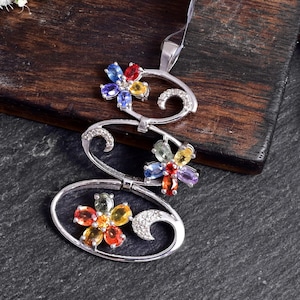 Handmade Multi Sapphire Diamond Pendant 925 Sterling Silver | Rainbow Gemstone Floral Necklace | Colorful Birthstone Jewelry Gift for Women