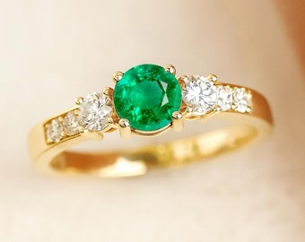 Anello con smeraldo e diamante da laboratorio: oro 14k o argento sterling, pietra portafortuna di maggio n. 1001