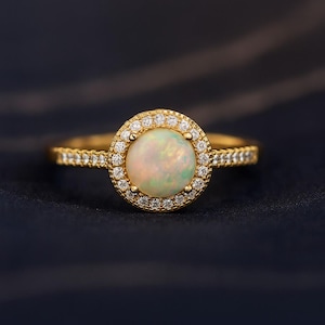 Natural Opal & Lab Diamond Ring: 14k Gold or Sterling Silver