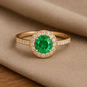 Natural Emerald and Lab Diamond Ring: 14k Gold or Sterling Silver May Birthstone