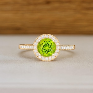 Peridot & Lab Diamond Ring: 14k Gold or Sterling Silver August Birthstone