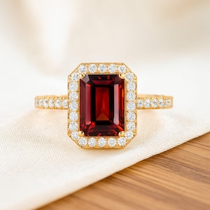 Baguette Garnet and Lab Diamond Ring: 14k Gold & Sterling Silver Anniversary Jewelry