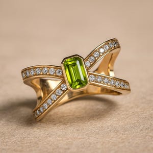 Peridot and Diamond Crossover Ring – 14k Gold or Sterling Silver – Unique August Birthstone Jewelry