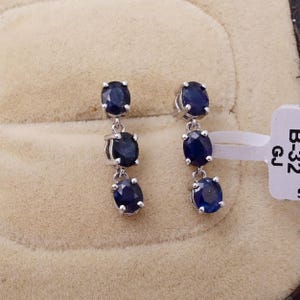 Natural Blue Sapphire Drop Earrings in 925 Sterling Silver | Dainty 3-Stone Dangle Earrings | September Birthstone Jewelry Gift for Her
