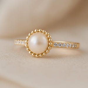 Natural Pearl and Lab Diamond Ring: 14k Gold or Sterling Silver