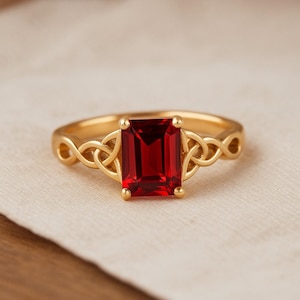 Gold Plated Sterling Silver Ruby Ring, Emerald Shape Red Gemstone, Celtic Knot Band, July Birthstone Gift for Her
