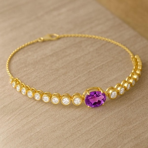 Natural Amethyst and Diamond Bracelet | 14k Solid Gold | February Gemstone Birthstone Jewelry | Yellow, Rose, White Gold & Silver