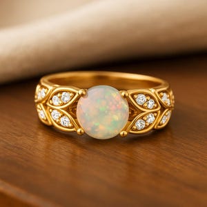 Natural Opal & Diamond Ring: 14k Gold or Sterling Silver October Birthstone