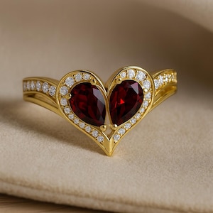 Garnet Promise Ring with Diamonds | Heart Shaped Gemstone Ring in 14k Gold & Silver #1030