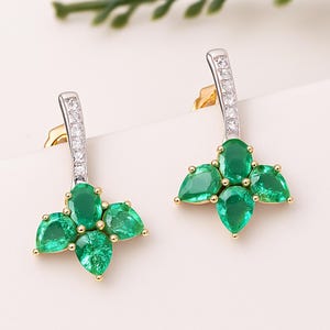 Natural Emerald and Diamond Earrings in 14k white Gold | Teardrop Gemstone Cluster Earrings | May Birthstone Fine Jewelry