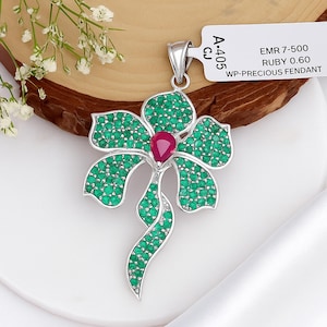 Emerald Ruby Flower Pendant: Handmade Sterling Silver Gemstone Necklace