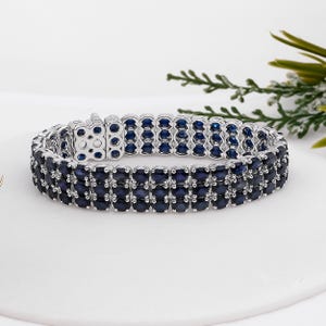 Blue Sapphire Tennis Bracelet: Oval Gemstone, Sterling Silver Bridal Jewelry