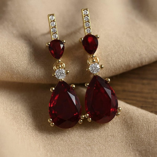 Pendientes colgantes de granate y diamantes de laboratorio: oro de 14 quilates o plata de ley n.° 1015