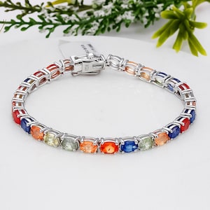Natürliches Multi Saphir Armband | 925 Sterling Silber Regenbogen Edelstein Tennis Armband | September Geburtsstein Schmuck | Geschenk für Frauen
