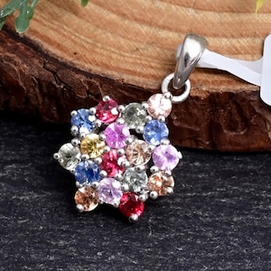 Natural Multi Sapphire Pendant 925 Sterling Silver | Handmade Round Gemstone Cluster Pendant | Rainbow Birthstone Jewelry Gift for Her
