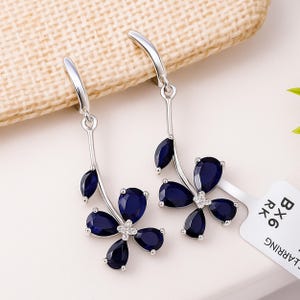 Natural Blue Sapphire Flower Earrings in 925 Sterling Silver | Dangle Gemstone Earrings | September Birthstone Jewelry Gift