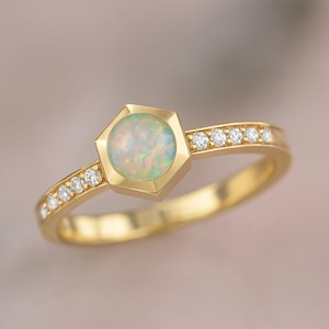 Opal and Lab Diamond Halo Ring: 14k Gold or Sterling Silver