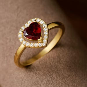 Anello con cuore di granato e diamanti: anello da cocktail in oro 14 carati e argento sterling n. 1049