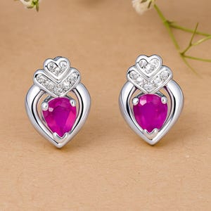 Boucles d'oreilles coeur rubis et diamants en argent sterling 925 | Boucles d'oreilles romantiques avec pierres précieuses | Cadeau de pierre de naissance de juillet pour elle