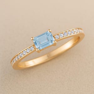 Baguette Aquamarine Diamond Ring: 14k Gold or Sterling Silver March Birthstone