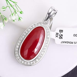 Ruby & Diamond Halo Pendant: 925 Sterling Silver Oval Necklace