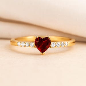 Heart Garnet & Lab Diamond Ring: 14k Gold or Sterling Silver Anniversary Jewelry #1034