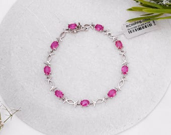 天然ルビースターリングシルバーブレスレット：レッドジェムストーン