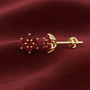 Natural Ruby Flower Stud Earrings, 925 Sterling Silver Gold Plated Earrings, July Birthstone Floral Jewelry Gift for Women