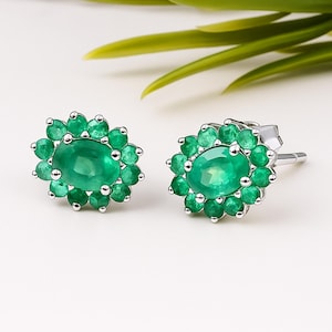 Emerald Flower Earrings: Sterling Silver May Birthstone Studs