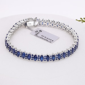 Blue Sapphire Diamond Bracelet: Sterling Silver Tennis Style, Handmade