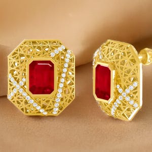 Orecchini a lobo con rubino, orecchini con diamanti creati in laboratorio, orecchini geometrici di grande effetto in argento sterling 925 placcato oro.