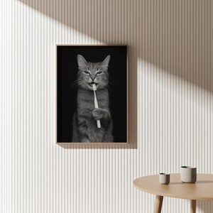 Gatto con spazzolino da denti – divertente poster in bianco e nero per il bagno | Poster di animali per il bagno degli ospiti | Idea regalo per gli amanti dei gatti