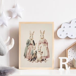 Famiglia di conigli - Poster vintage di animali | Decorazione della cameretta dei bambini | Immagine di Pasqua | Stampa artistica nostalgica | Regalo per gli amanti degli animali