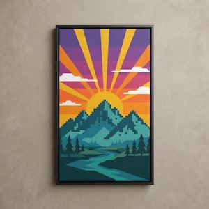 May include: A framed rectangular wall art print featuring a pixelated landscape with a central yellow sun, orange and purple sunburst rays, and white clouds. Below, teal mountains rise above a winding blue river and dark green pine trees.