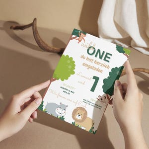 Digitale uitnodiging voor kinderfeestje Zoo, personaliseerbare digitale uitnodigingskaart 1e verjaardag, sjabloon Canva