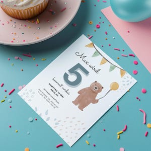 Convite digital aniversário infantil urso, cartão convite digital personalizável 5 anos, modelo Canva