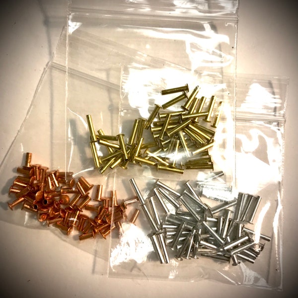 50 Tubular Rivets 1/16” Micro Fasteners, Brass, Copper, Aluminum, Jewelry Making, Tubular, Flat Head, Craft Supply