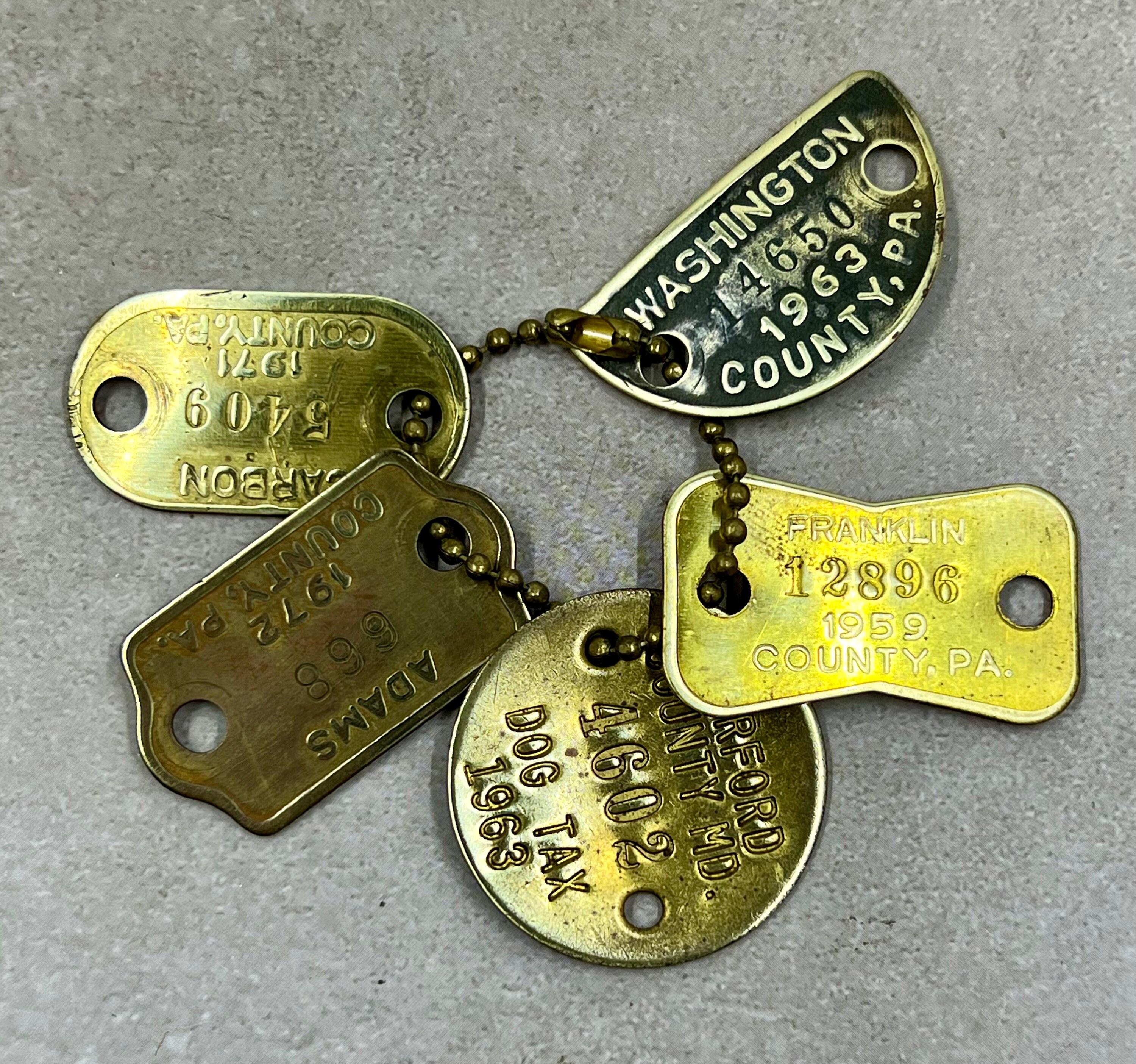Vintage Brass Original Dog License Tag Grouping. 1950's - 1970's