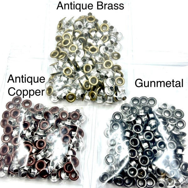 New Size!***** 100 Eyelets, Grommets, Fastener 3/16”, 4mm, Your Choice,  Ant. Copper, Ant. Brass, or GunMetal, Craft and Jewelry Supply