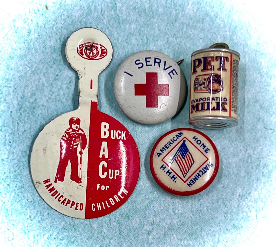 Red Pin Tag Mixed Assortment of Pin Tags, Charm - Red Cross, Pet Milk, Easter Seals ...