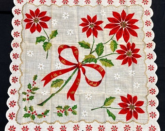 Vintage Handkerchief Hanky, Printed Christmas Holiday Poinsettia Patern with Scalloped Edges, Ladies Hanky