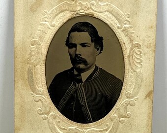 Antique Tintype Man w/ Mustache Photograph With Hand Tinting Original Victorian Tin Photography, Portrait, Collectible Decor or Craft Supply