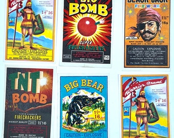 Vintage All Original NOS Chinese Firecracker Labels, Big Bomb, Big Bear, Group of 6 Labels
