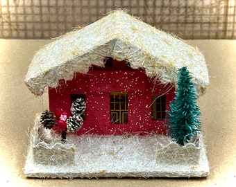 Rare Putz House, Scalloped Frame Roof, Coconut Glitter Snow, Holiday House Decor, Made in Japan, 1050’s, Authentic Collectible